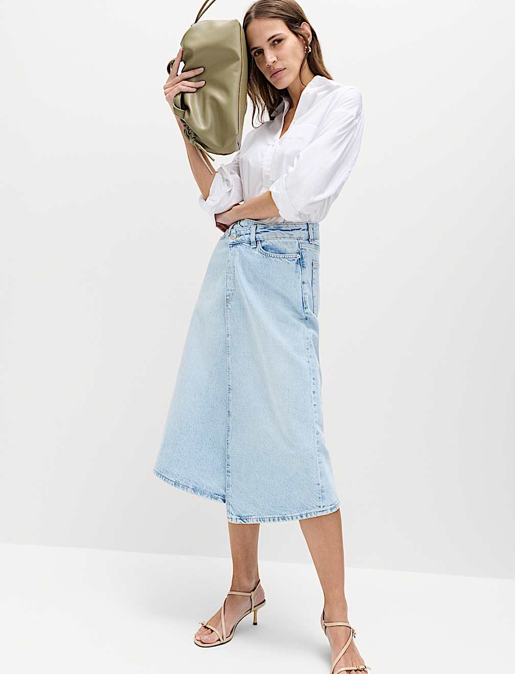 Pure Cotton Denim Asymmetric Midi Wrap Skirt