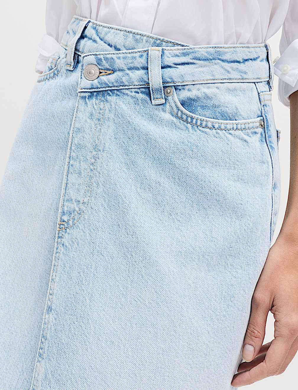 Pure Cotton Denim Asymmetric Midi Wrap Skirt