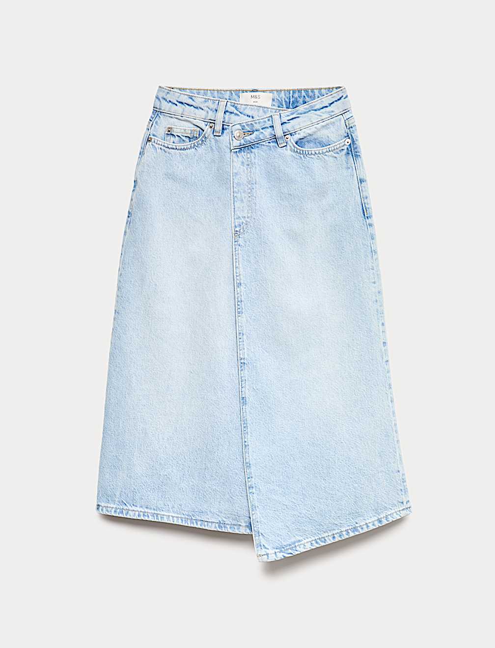 Pure Cotton Denim Asymmetric Midi Wrap Skirt