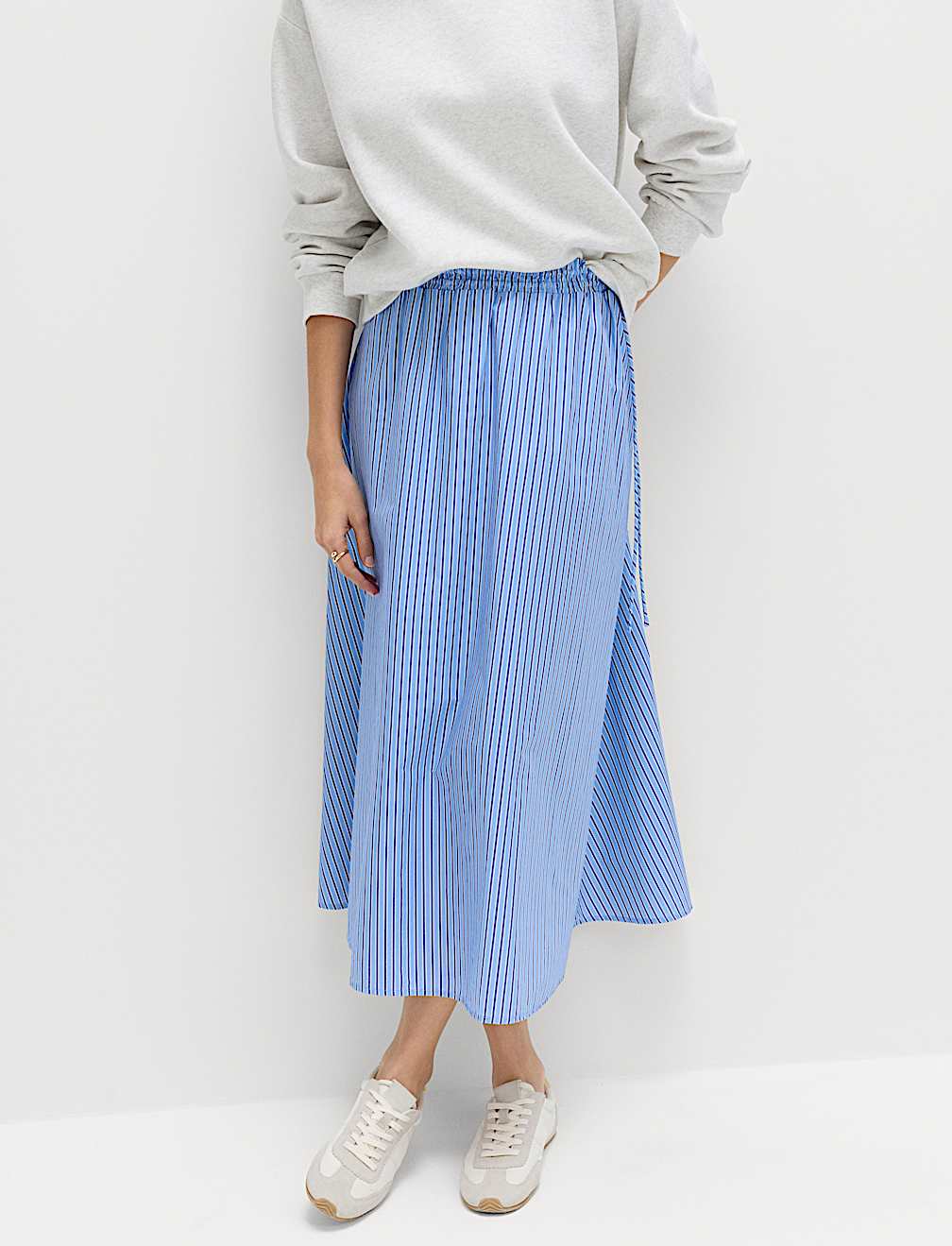 Pure Cotton Poplin Striped Pleated Midi Skirt