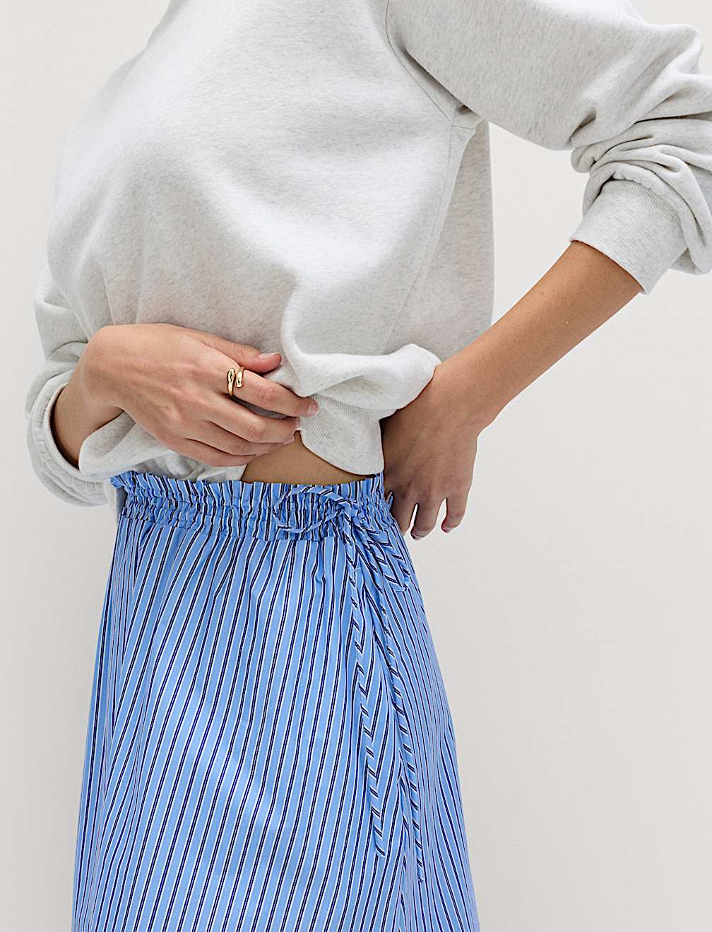 Pure Cotton Poplin Striped Pleated Midi Skirt