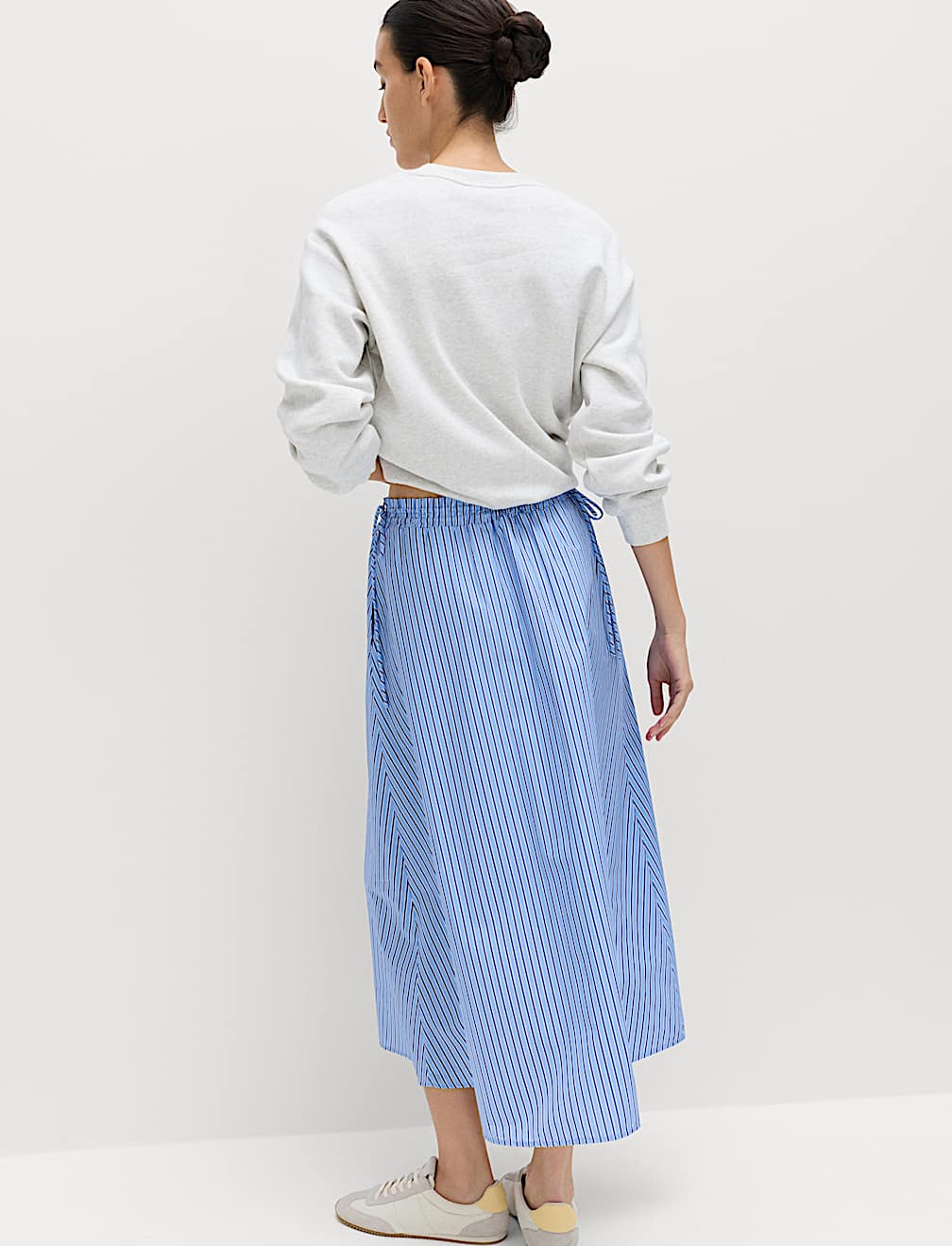 Pure Cotton Poplin Striped Pleated Midi Skirt