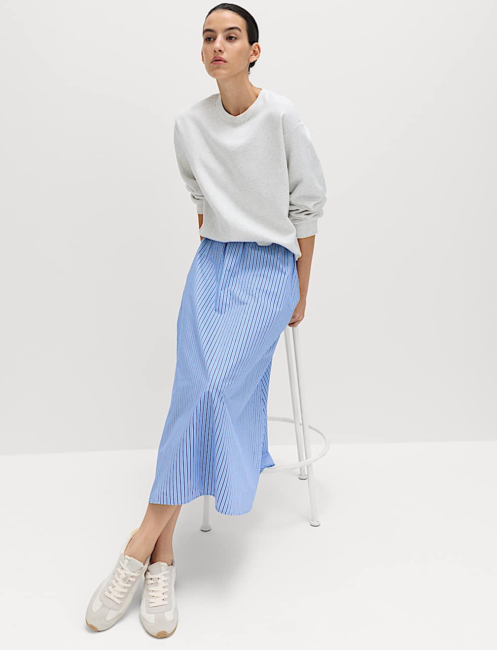 Pure Cotton Poplin Striped Pleated Midi Skirt