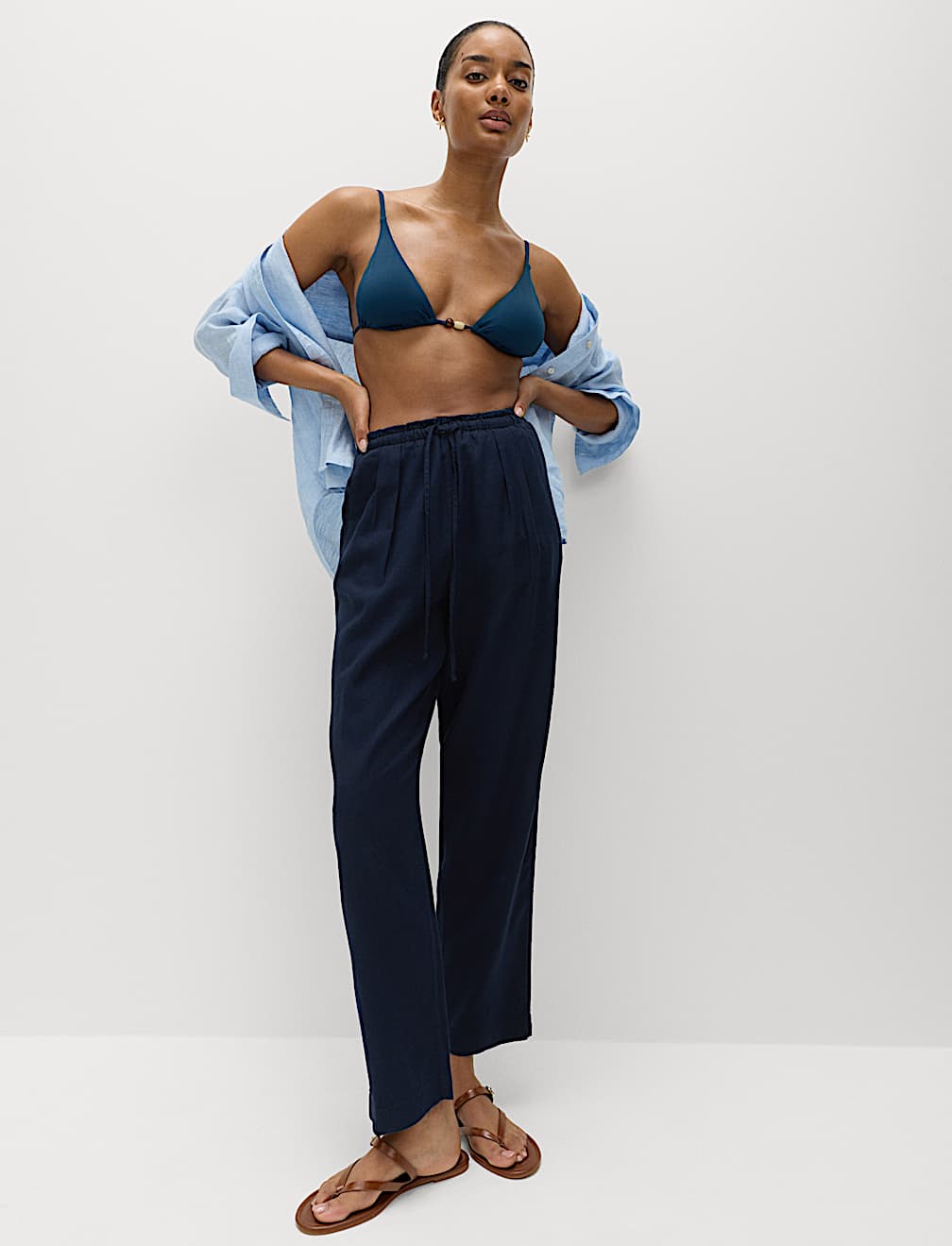 Linen Rich Elasticated Waist Tapered Trousers