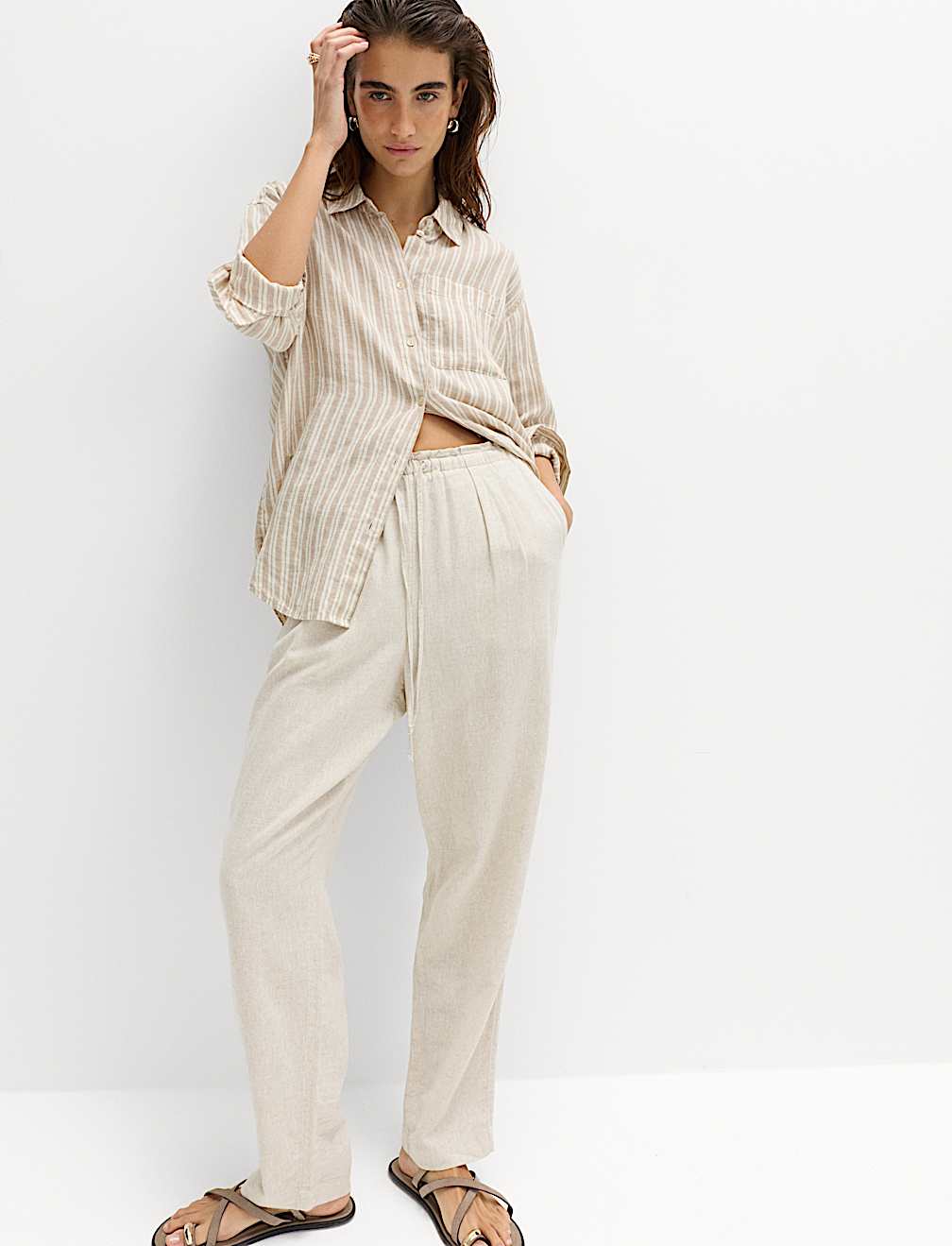 Linen Rich Elasticated Waist Tapered Trousers