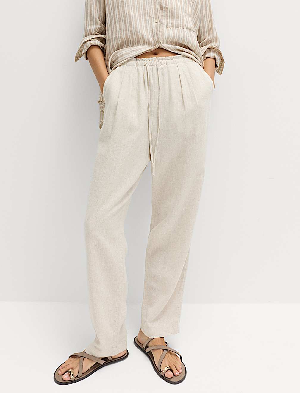 Linen Rich Elasticated Waist Tapered Trousers