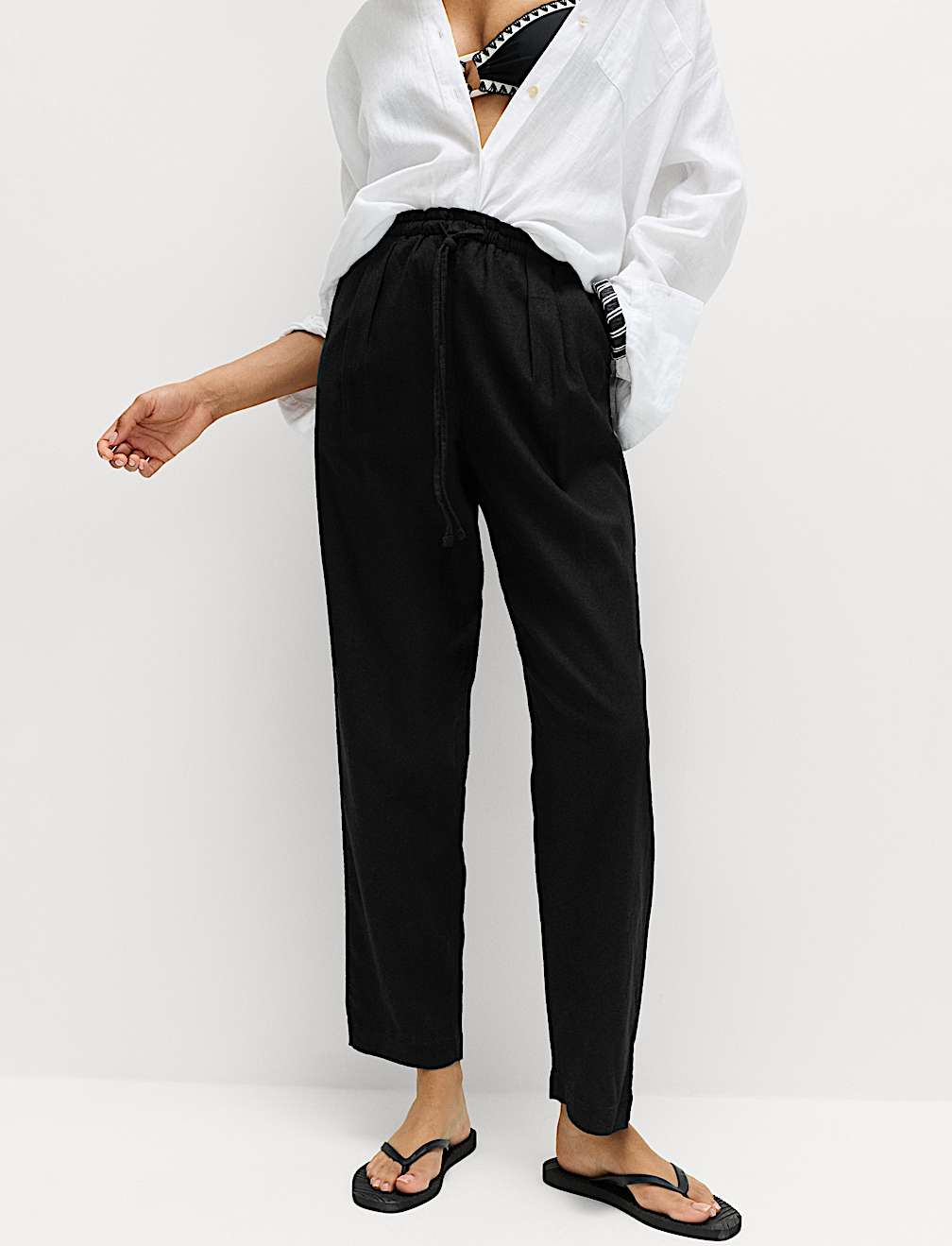 Linen Rich Elasticated Waist Tapered Trousers
