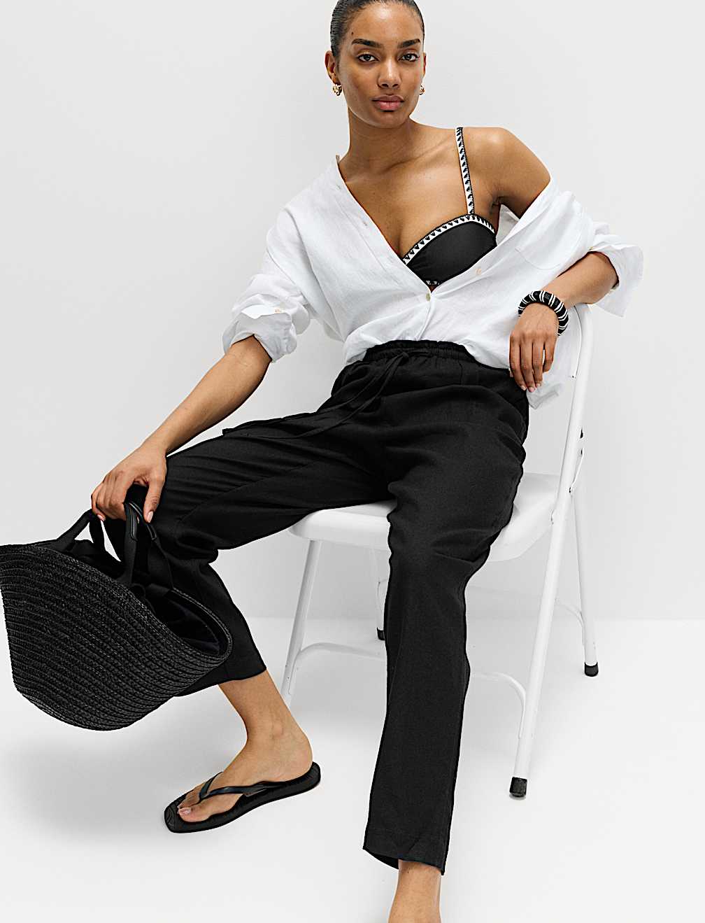 Linen Rich Elasticated Waist Tapered Trousers