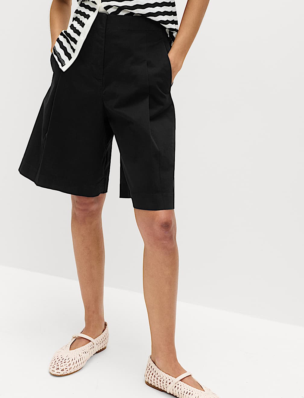 Cotton Rich High Waisted Pleat Front Bermuda Shorts