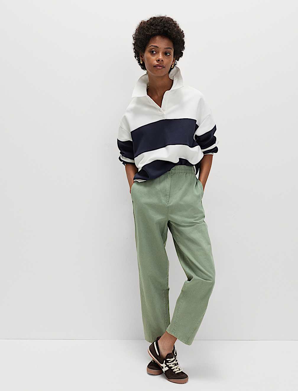 Pure Cotton Elasticated Waist Carrot Leg Trousers