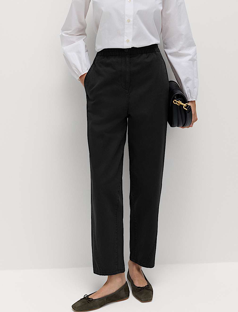 Pure Cotton Elasticated Waist Carrot Leg Trousers