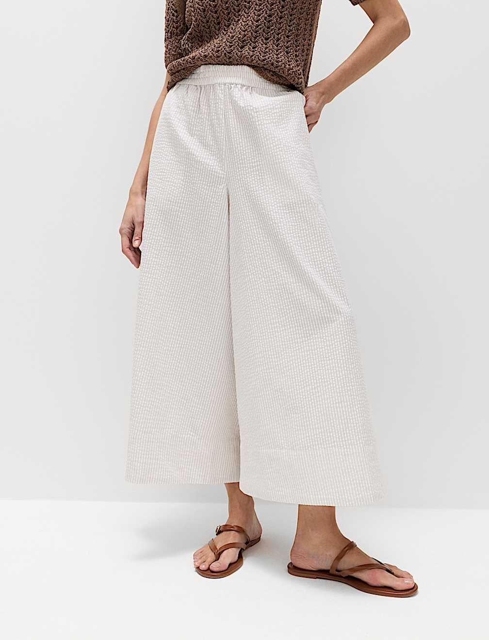 Seersucker Cropped Palazzo Trousers