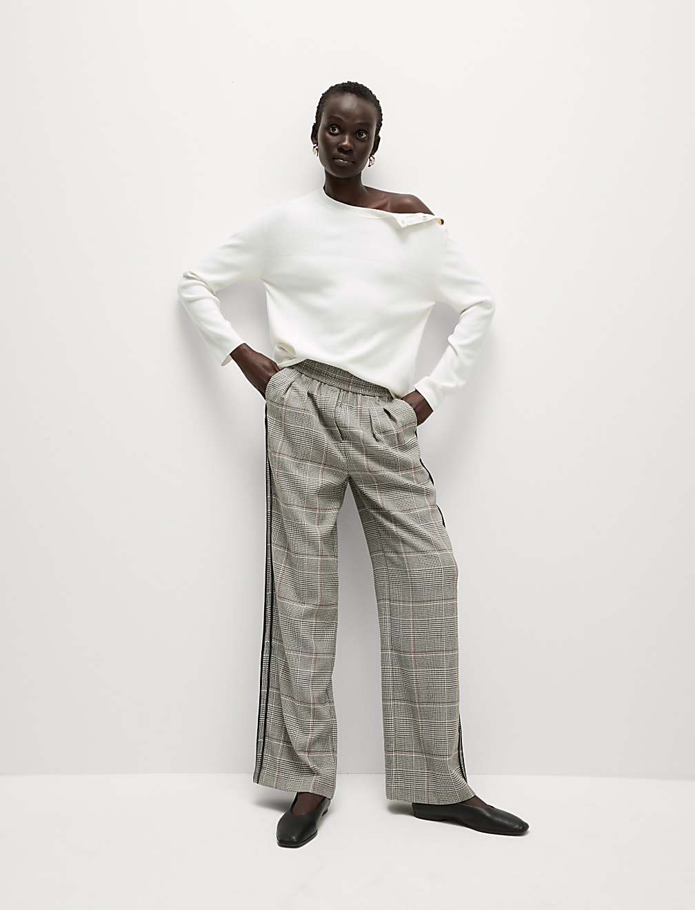 Checked Pull On Wide Leg Trousers
