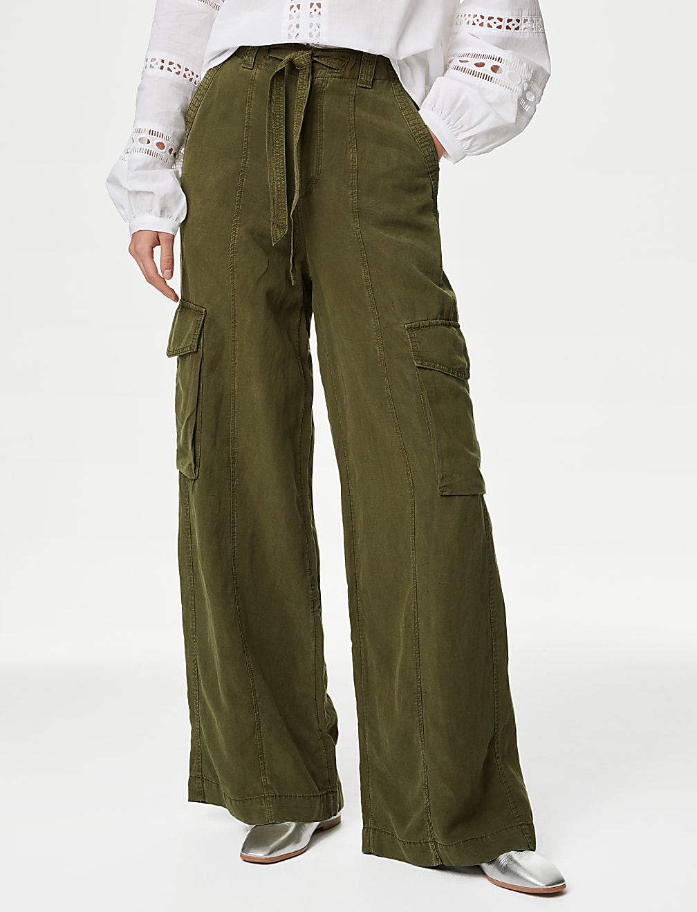 Lyocell Blend Utility Wide Leg Trousers