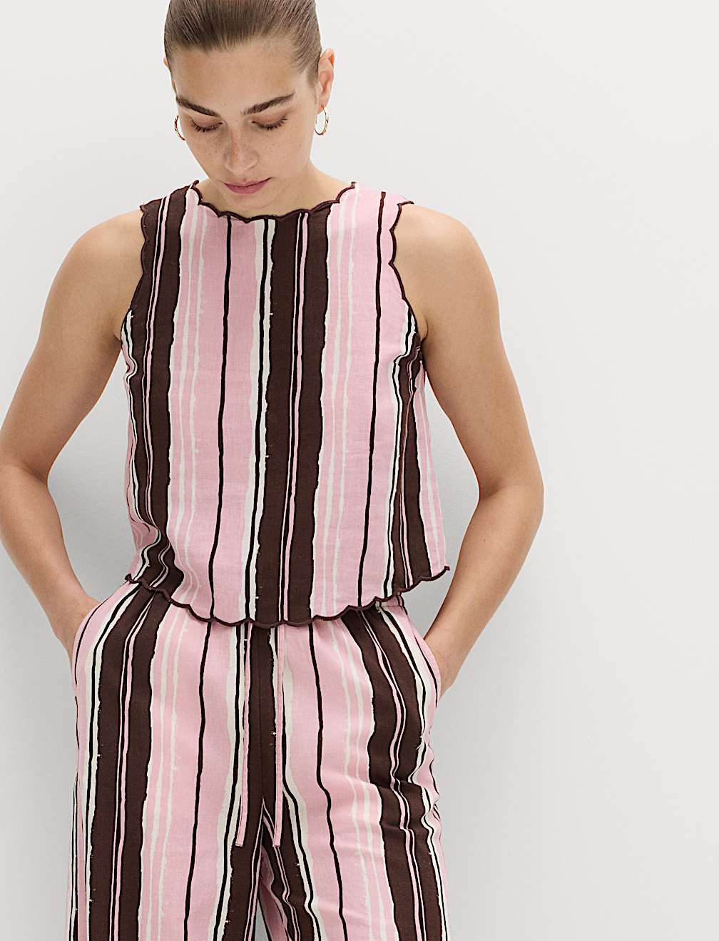 Linen Rich Striped Wide Leg Trousers