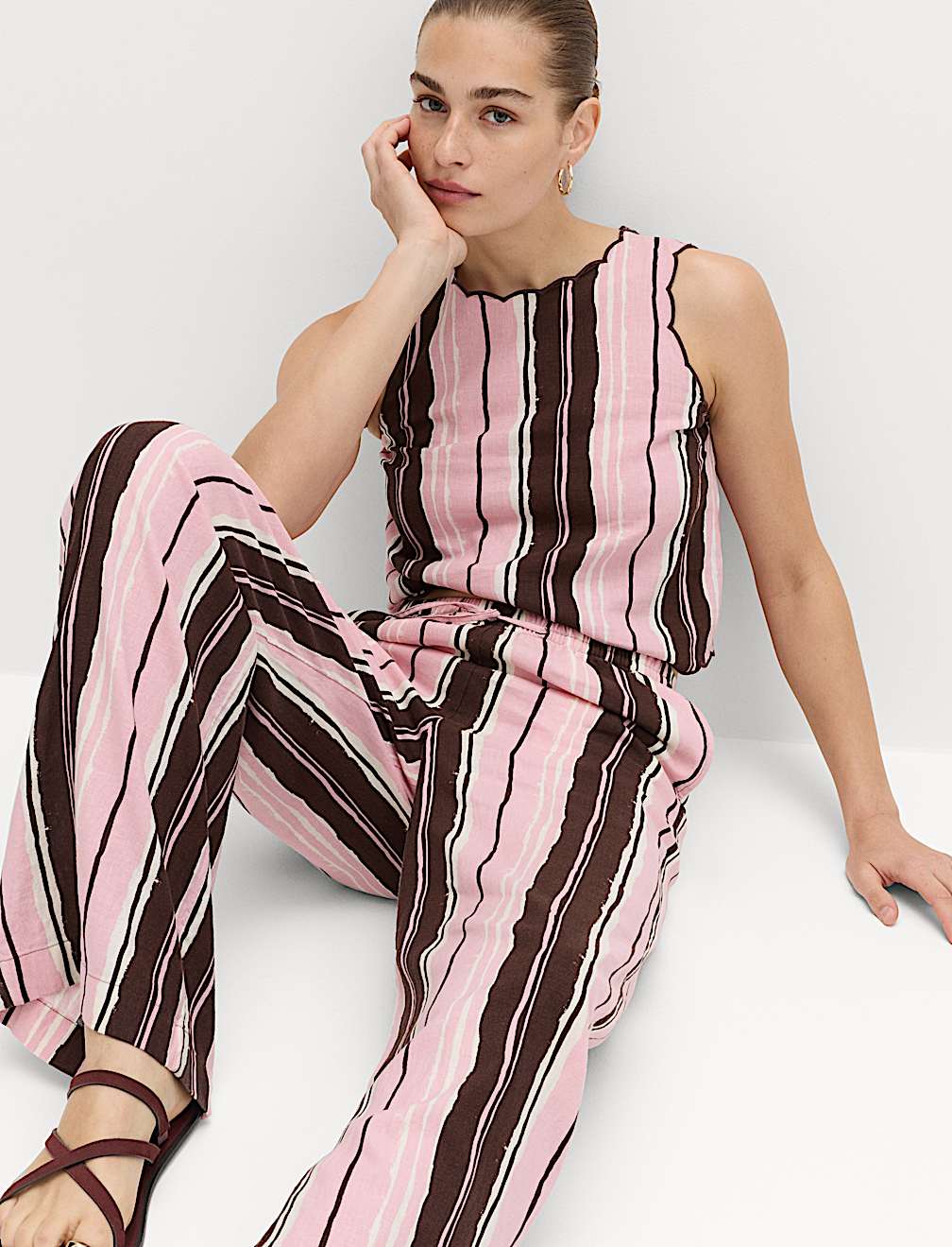 Linen Rich Striped Wide Leg Trousers