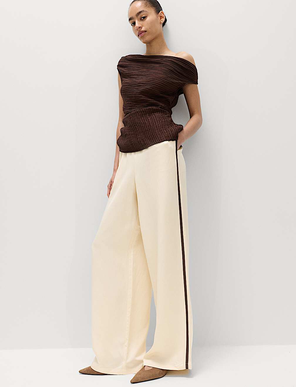 Side Stripe Wide Leg Trousers with Linen