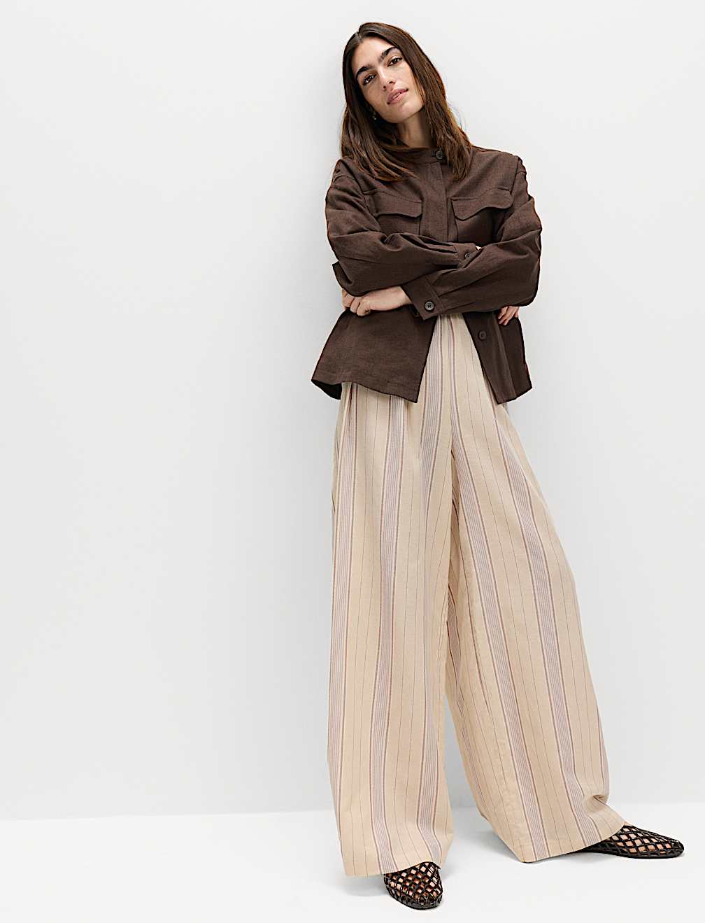 Striped Wide Leg Trousers with Linen