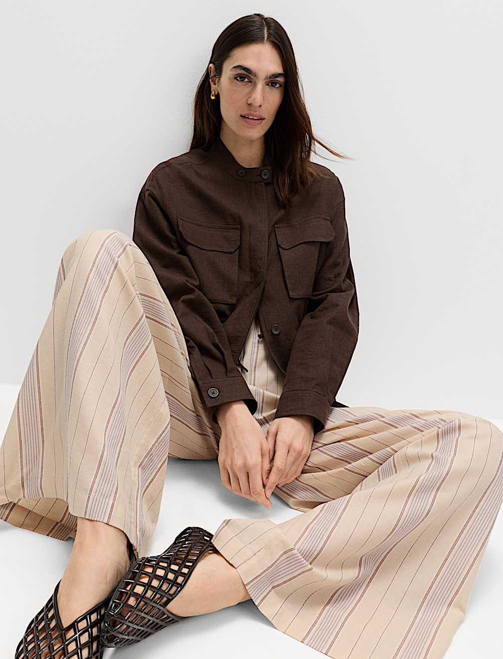 Striped Wide Leg Trousers with Linen