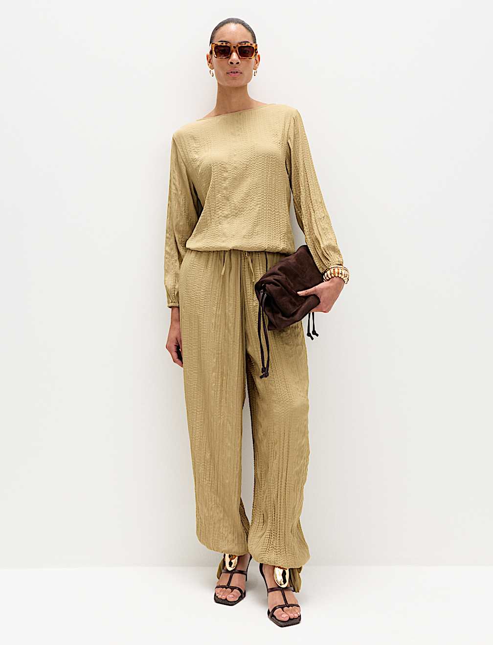Tie Hem Crinkle Drawstring Balloon Trousers