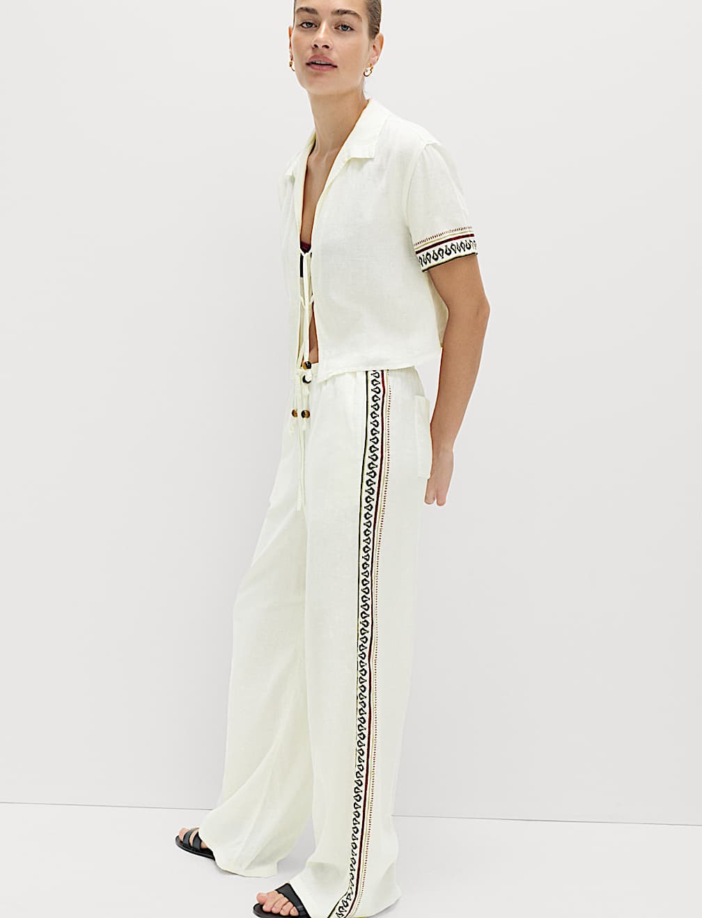 Linen Rich Side Detail Wide Leg Trousers