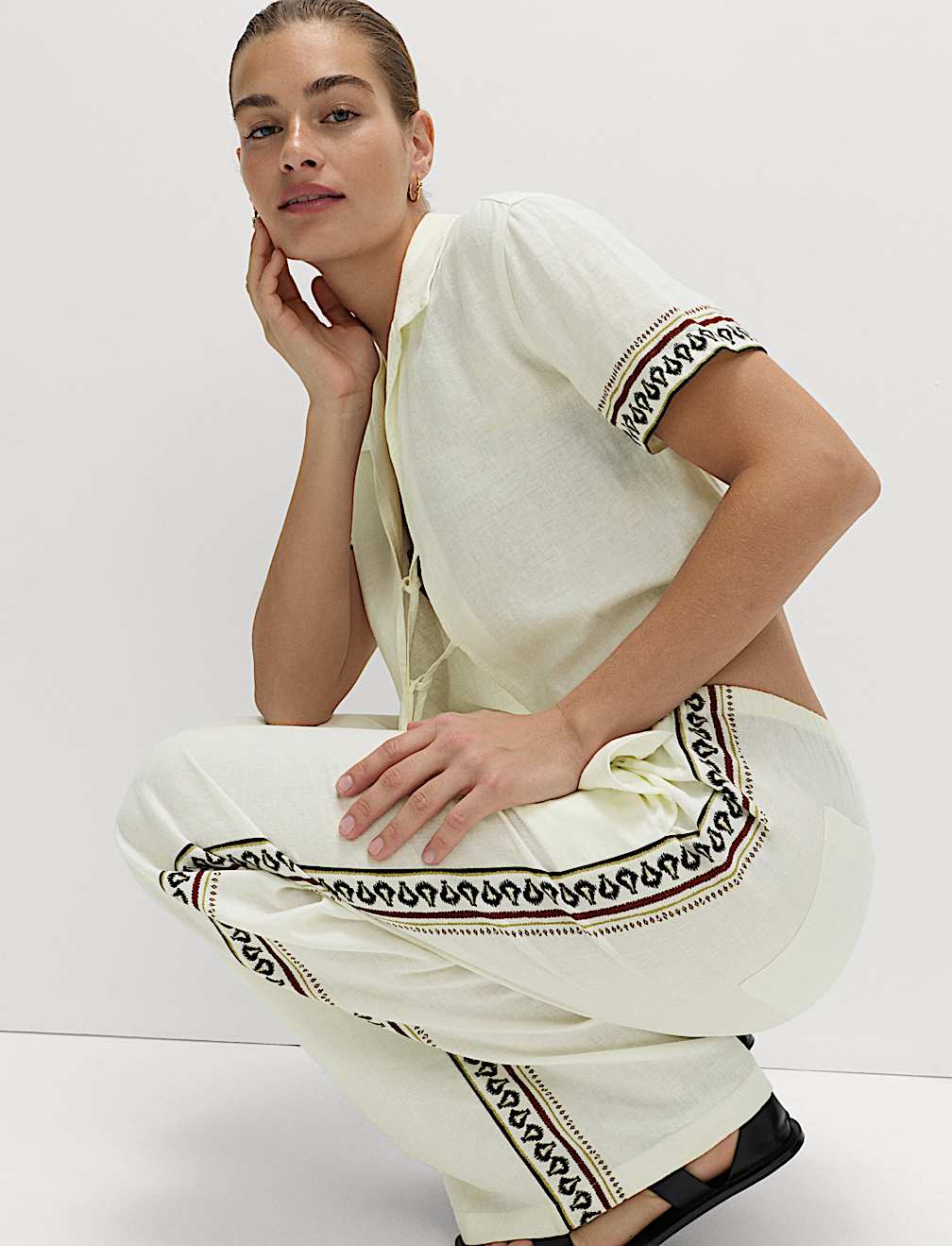 Linen Rich Side Detail Wide Leg Trousers