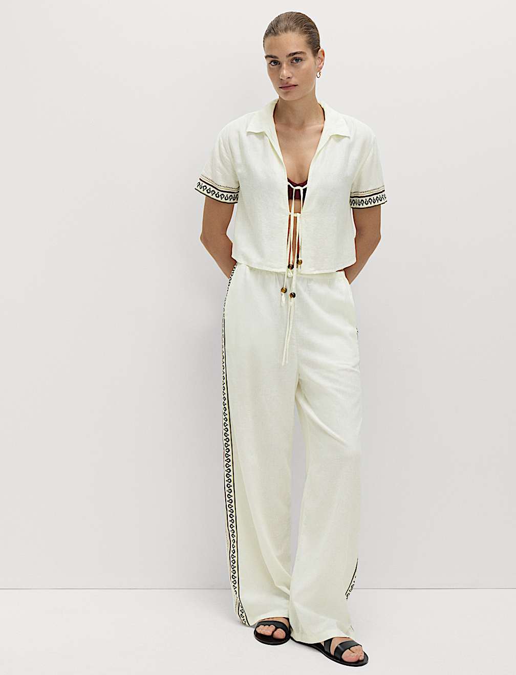 Linen Rich Side Detail Wide Leg Trousers