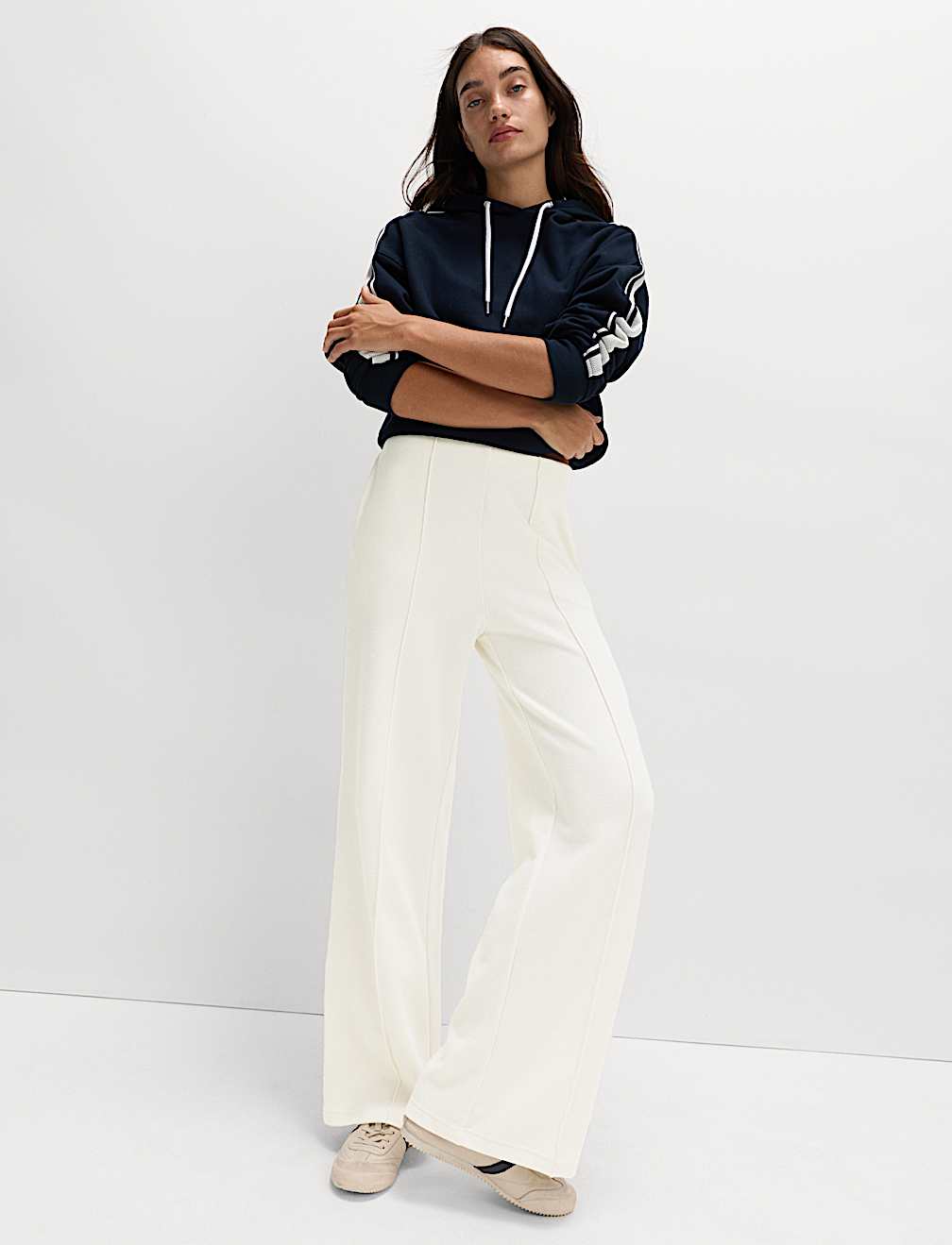 Cotton Blend Cosy Rib Pintuck Wide Leg Trousers