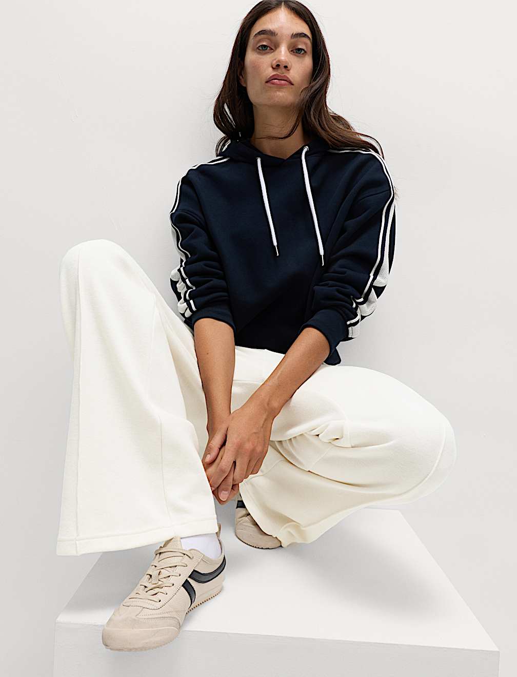 Cotton Blend Cosy Rib Pintuck Wide Leg Trousers