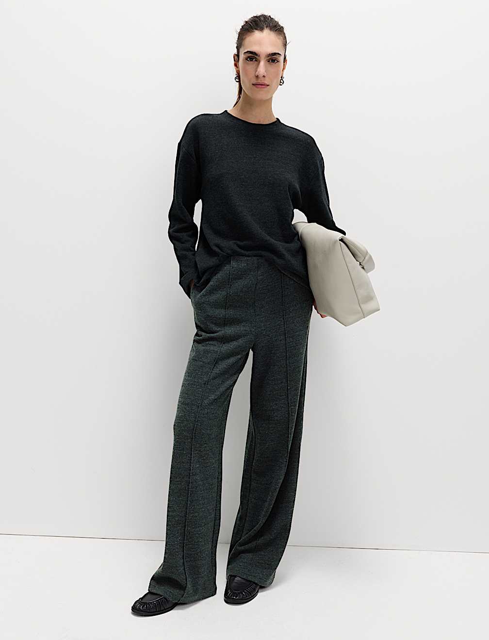Cotton Blend Cosy Rib Pintuck Wide Leg Trousers
