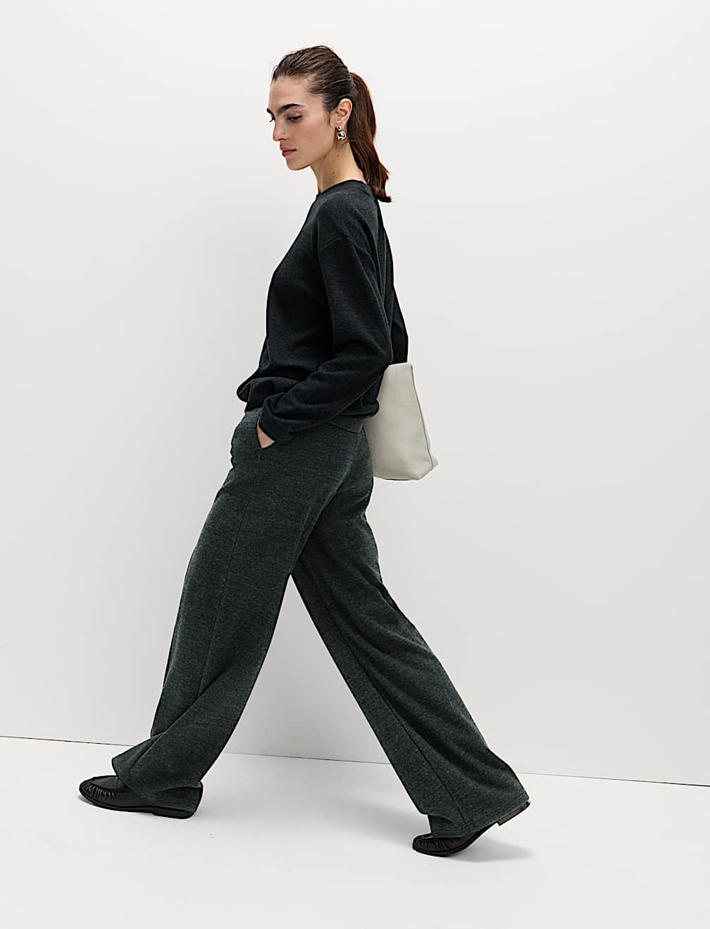 Cotton Blend Cosy Rib Pintuck Wide Leg Trousers