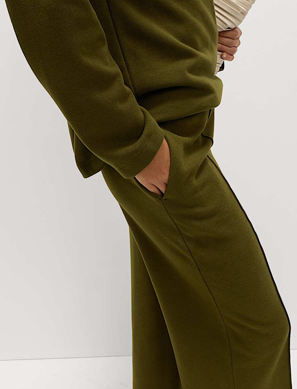 Cotton Blend Cosy Rib Pintuck Wide Leg Trousers