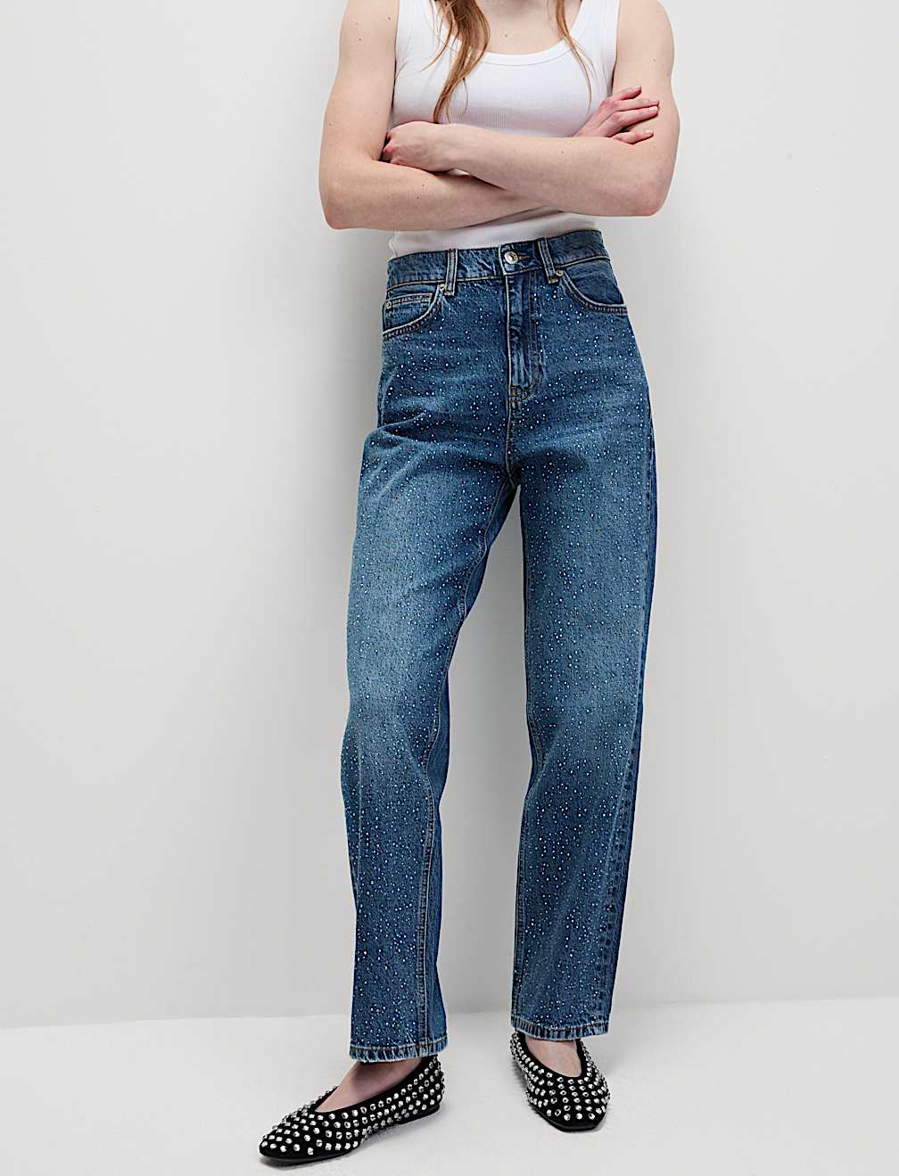 Embellished High Waisted Ankle Grazer Jeans