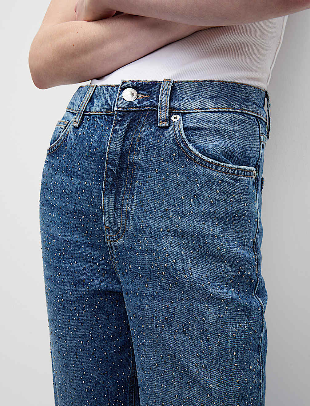 Embellished High Waisted Ankle Grazer Jeans