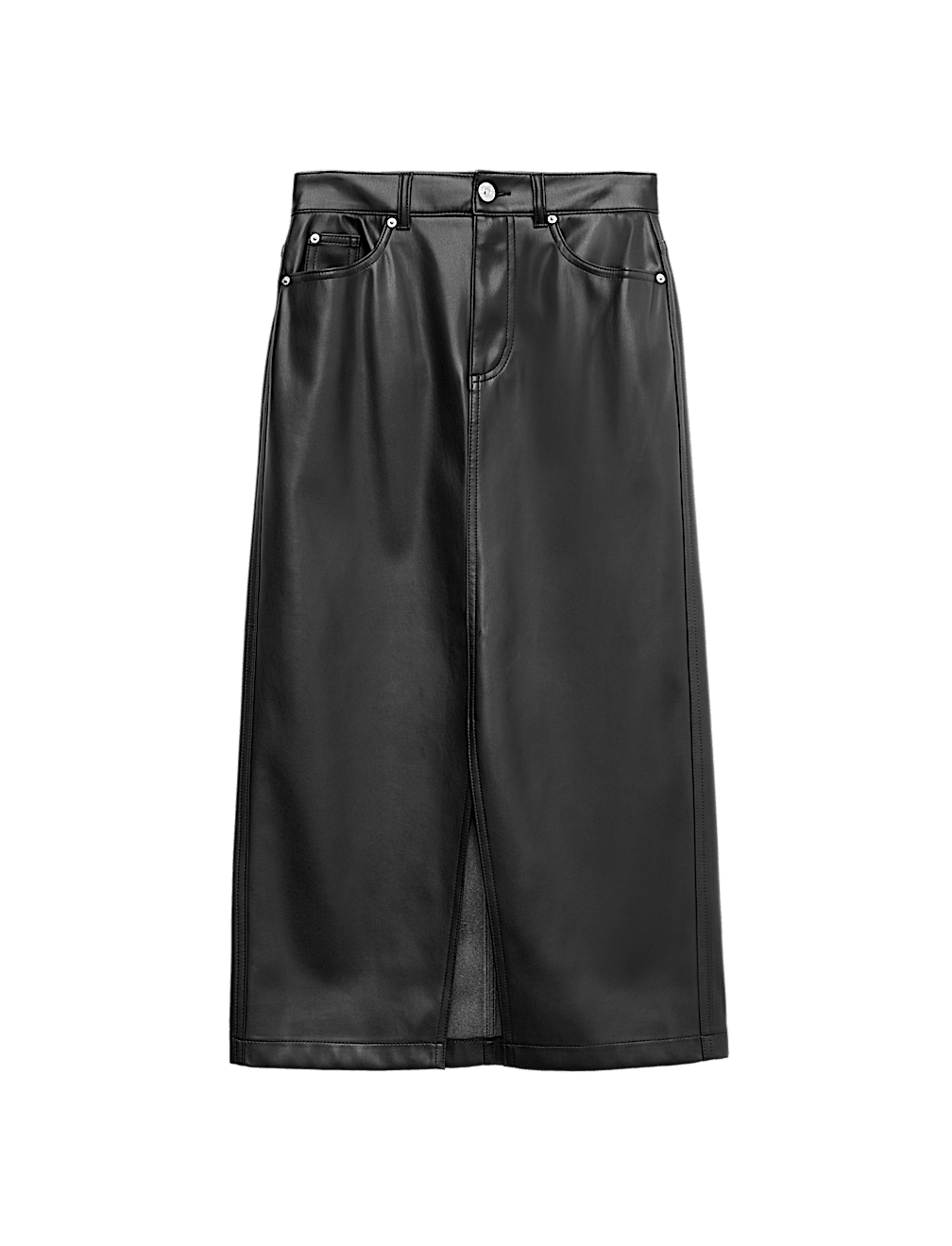 Faux Leather Midi Split Front A-Line Skirt