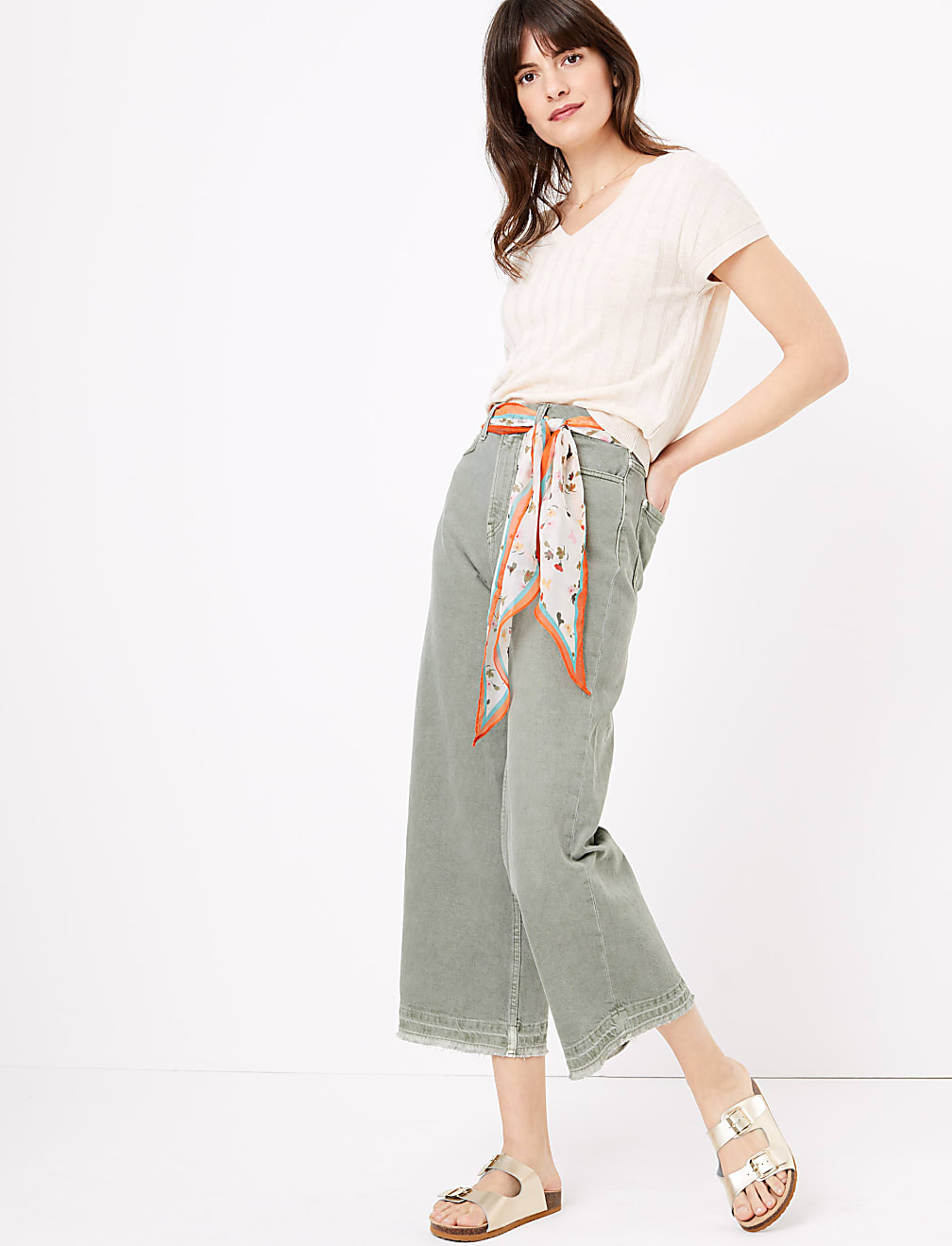 High Waisted Scarf Belt Wide Leg Jeans
