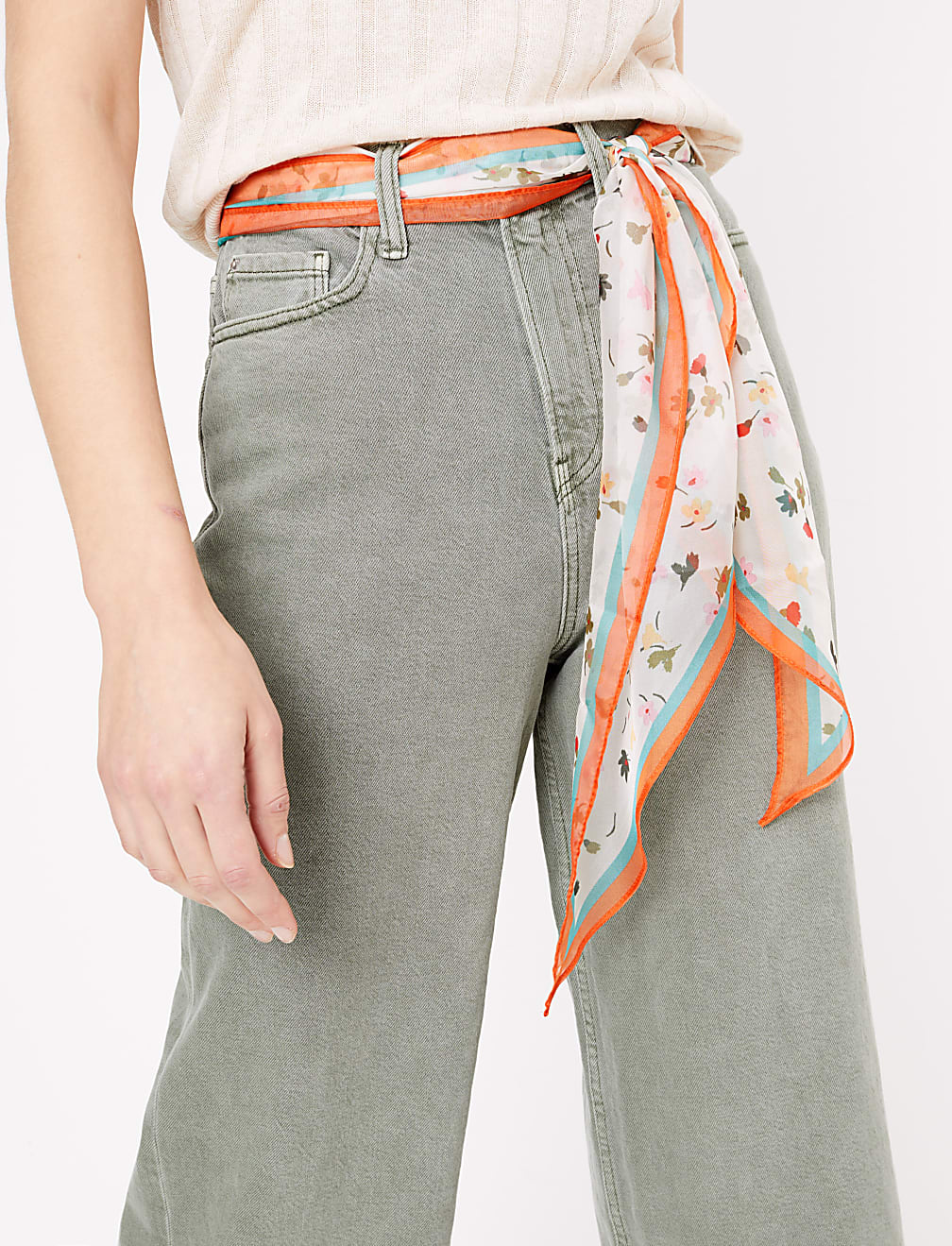 High Waisted Scarf Belt Wide Leg Jeans