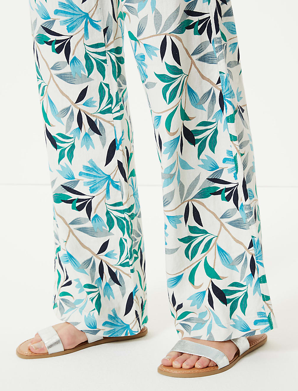 Linen Rich Leaf Print Wide Leg Trousers