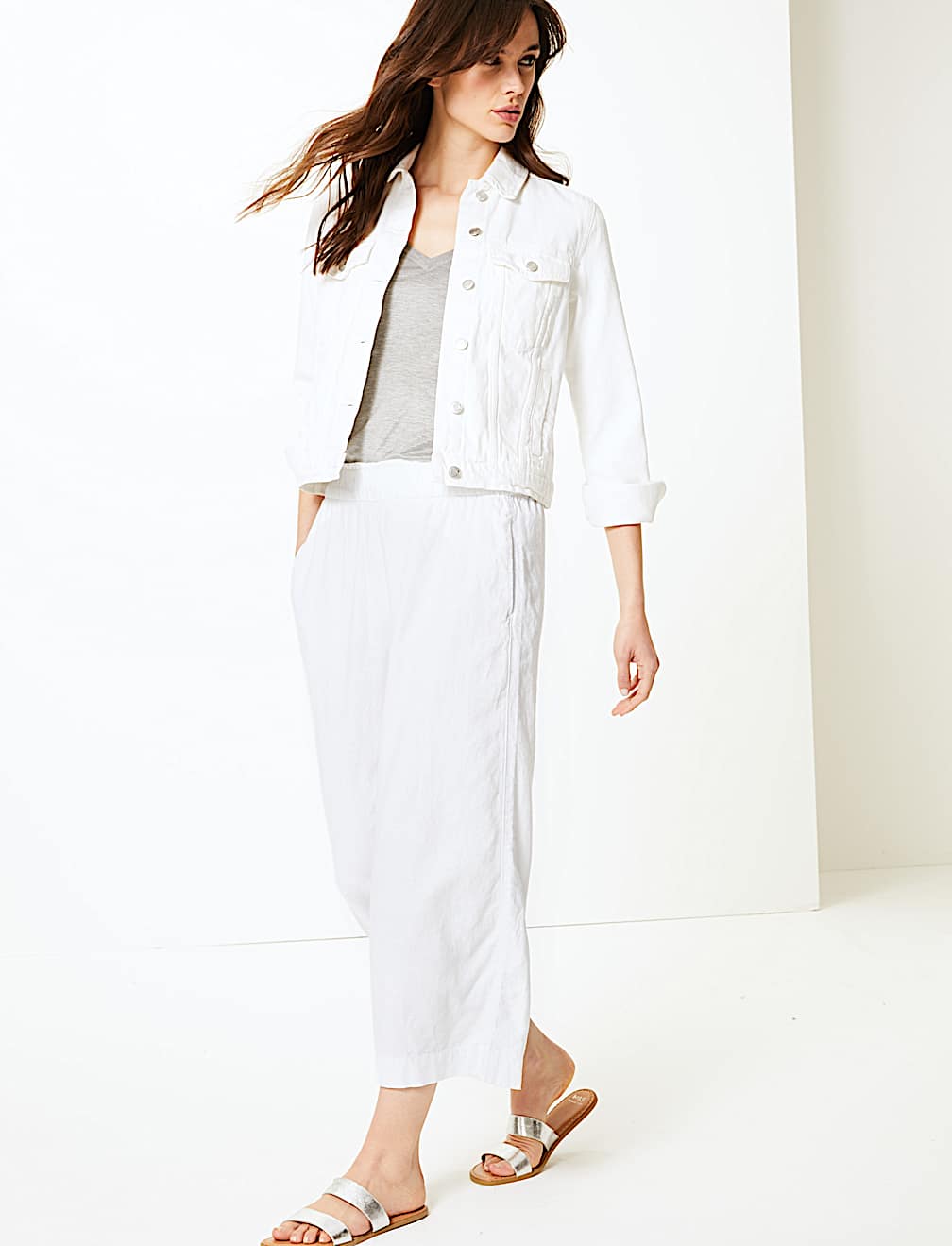 Linen Rich Wide Leg Cropped Trousers