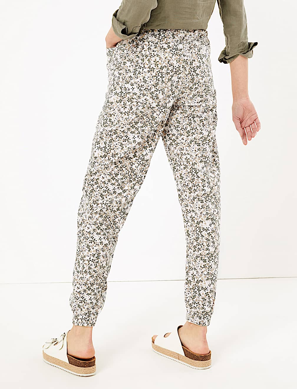 Linen Floral Drawstring Tapered Trousers