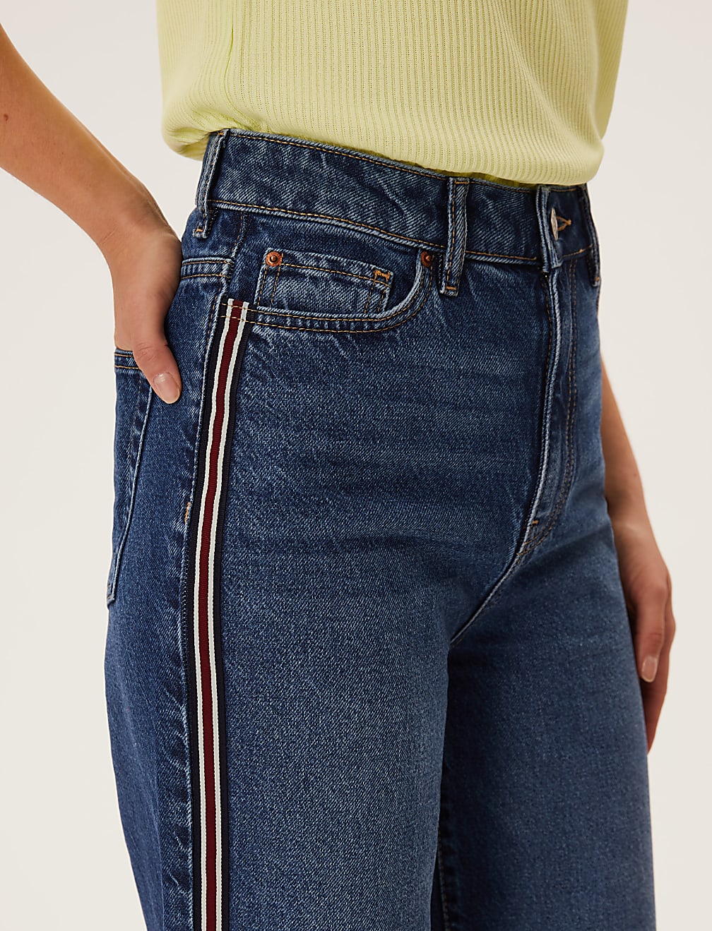High Waisted Side Trim Wide Leg Jeans