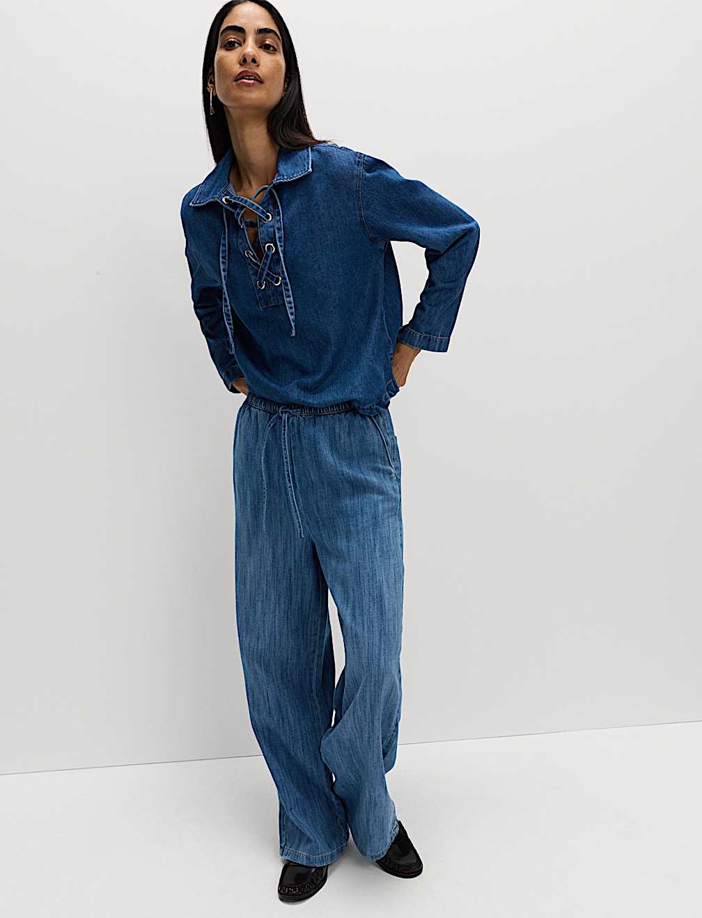 Denim Drawstring Wide-Leg Trousers