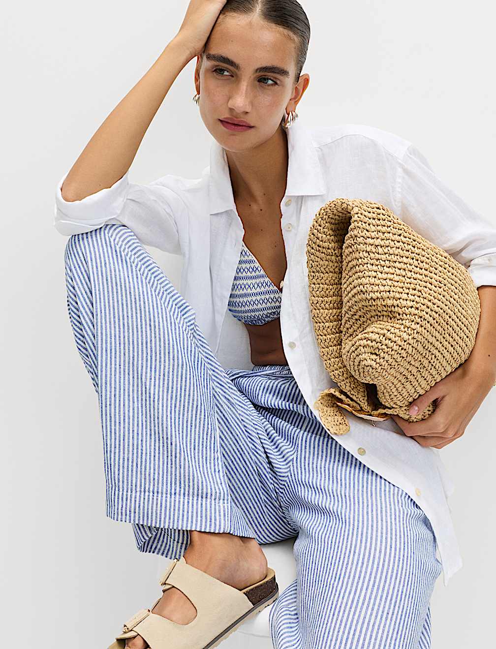Linen Blend Wide Leg Trousers