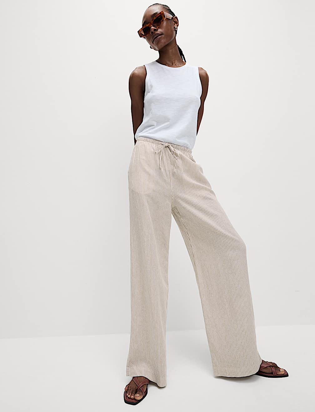 Linen Blend Wide Leg Trousers