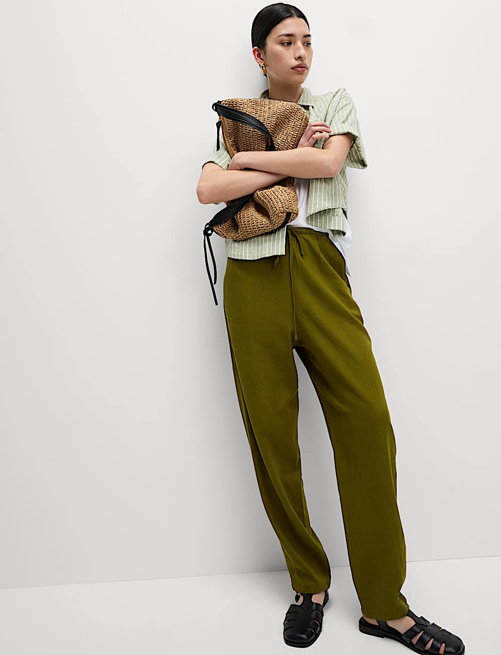 Linen-Rich Drawstring Tapered Trousers