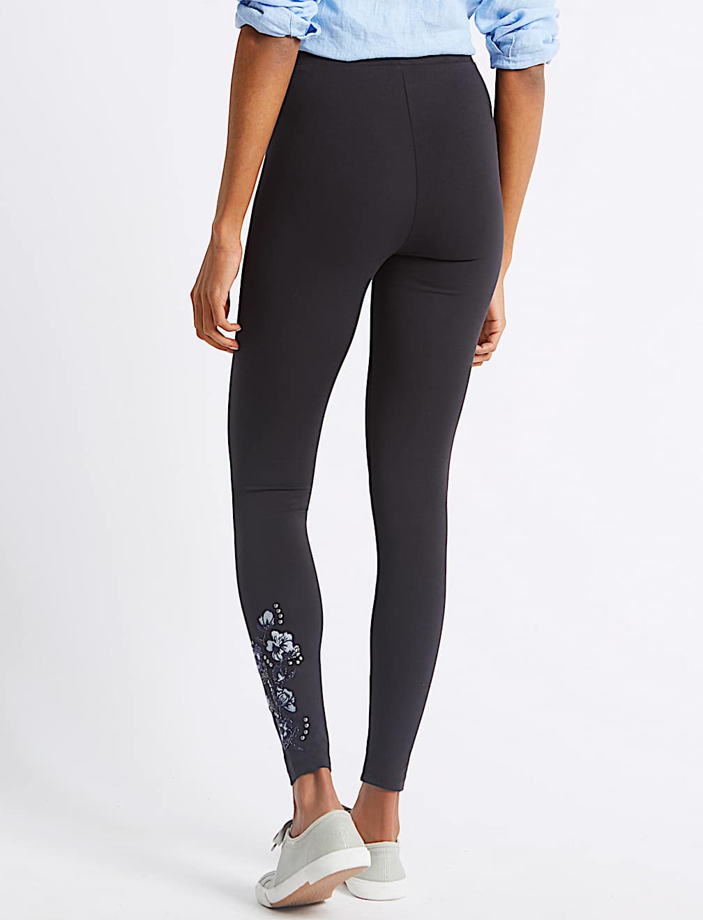 Cotton Rich Embroidered Hem Leggings
