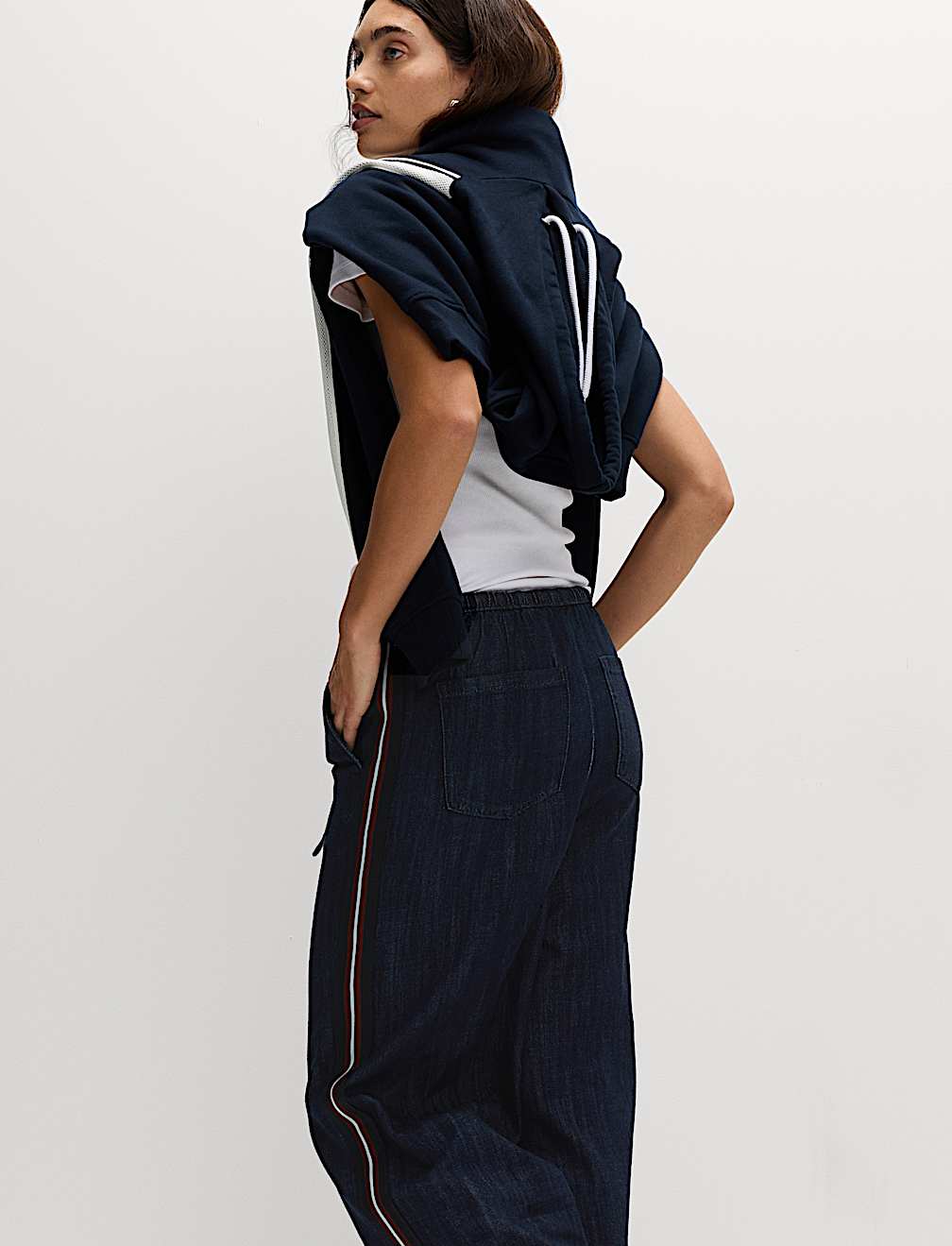 Cotton Rich Denim Side Stripe Wide Leg Trousers