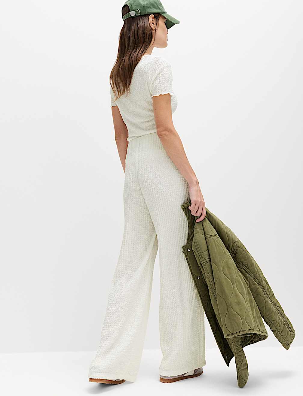 Textured Pull On Wide Leg Trousers