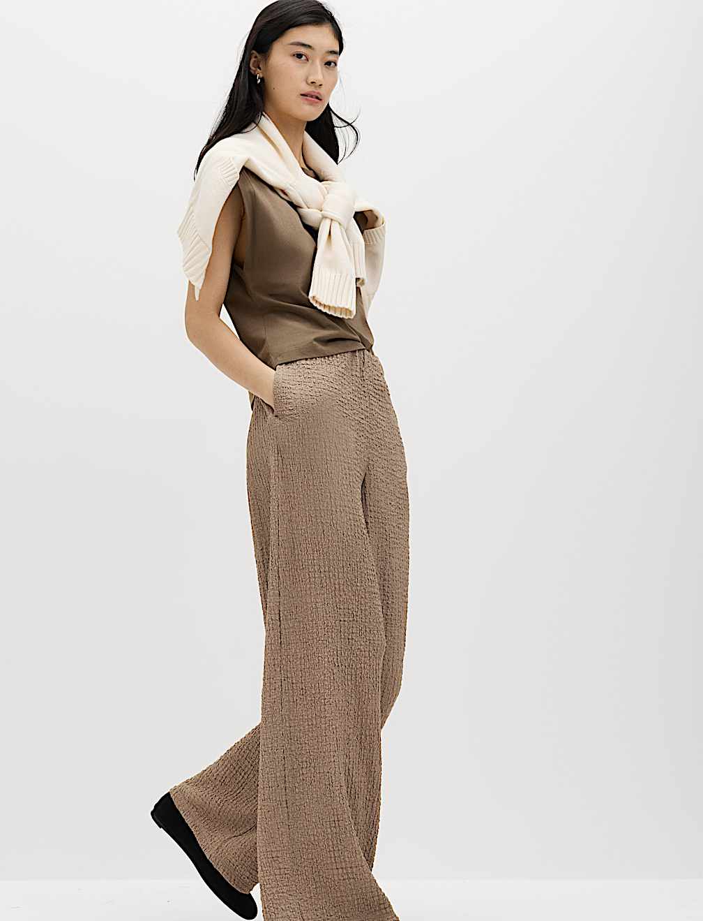 Textured Pull On Wide Leg Trousers