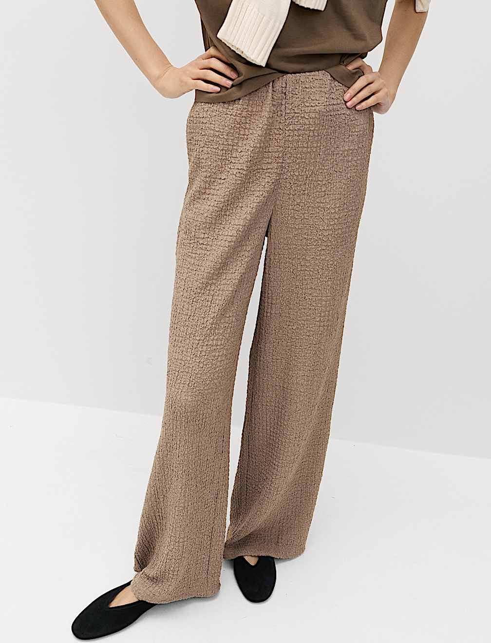 Textured Pull On Wide Leg Trousers
